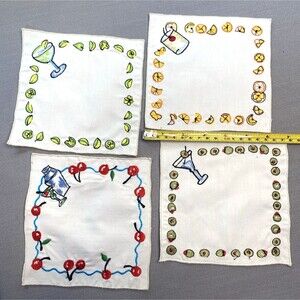 4 Vintage Embroidered Coasters Wine Cocktail Glass Fabric Cottage Cloth Napkin